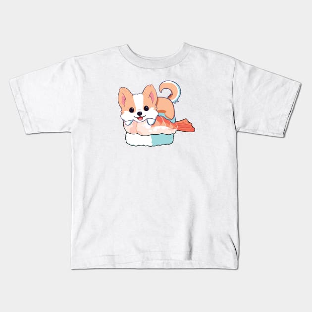 Corgi on a shrimp sushi Kids T-Shirt by Myanko